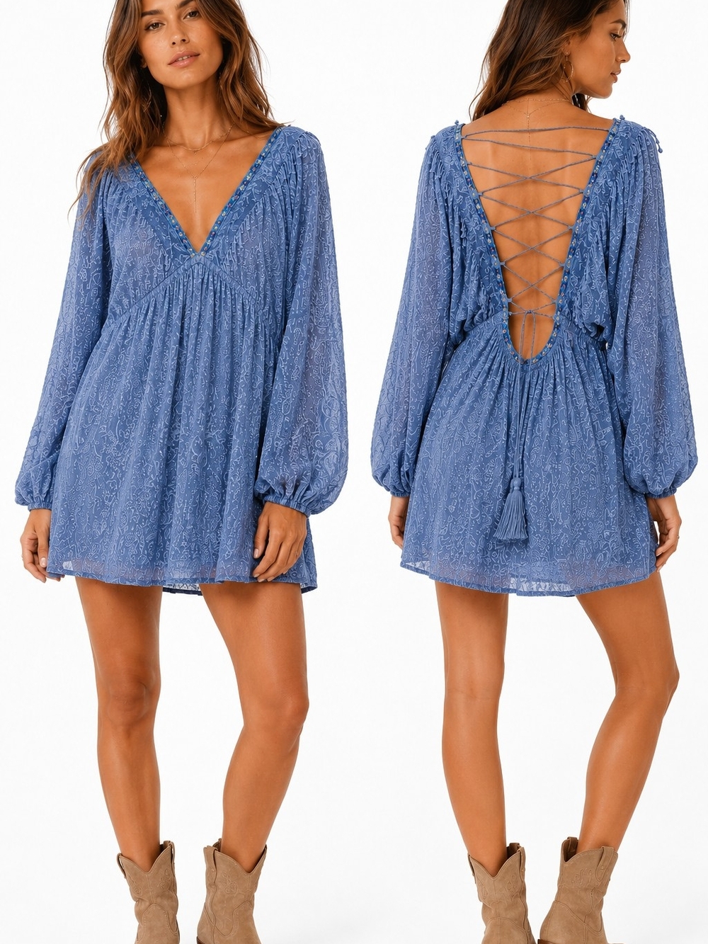 Free People Made In India Embroidered Lace Up Back Boho Mini Dress Size 2